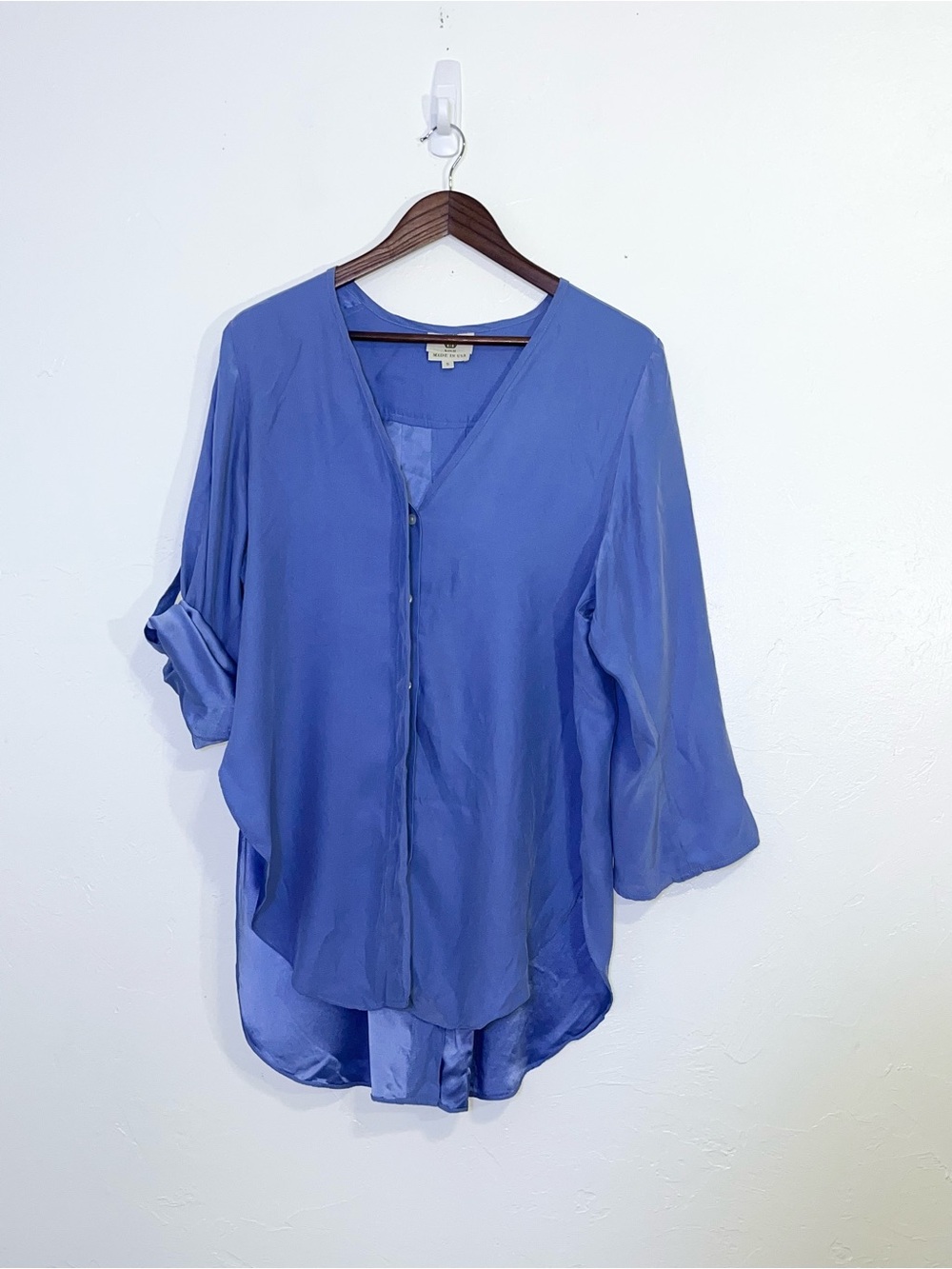 KOCH Blue 100% Silk V-Neck Button Down Blouse Top Size S